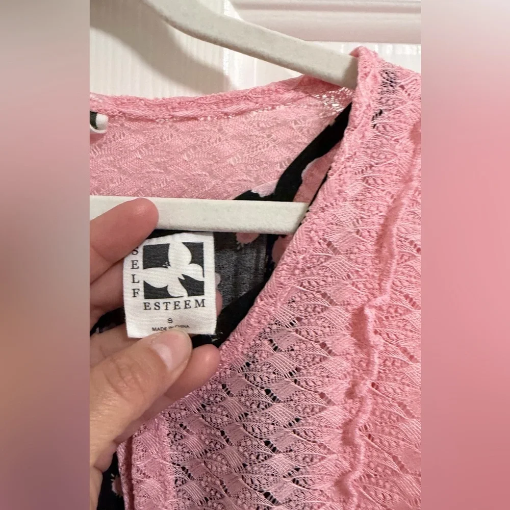 Self Esteem Pink Crochet‎ Bolero with Black Floral Dress Set, Size 7-8